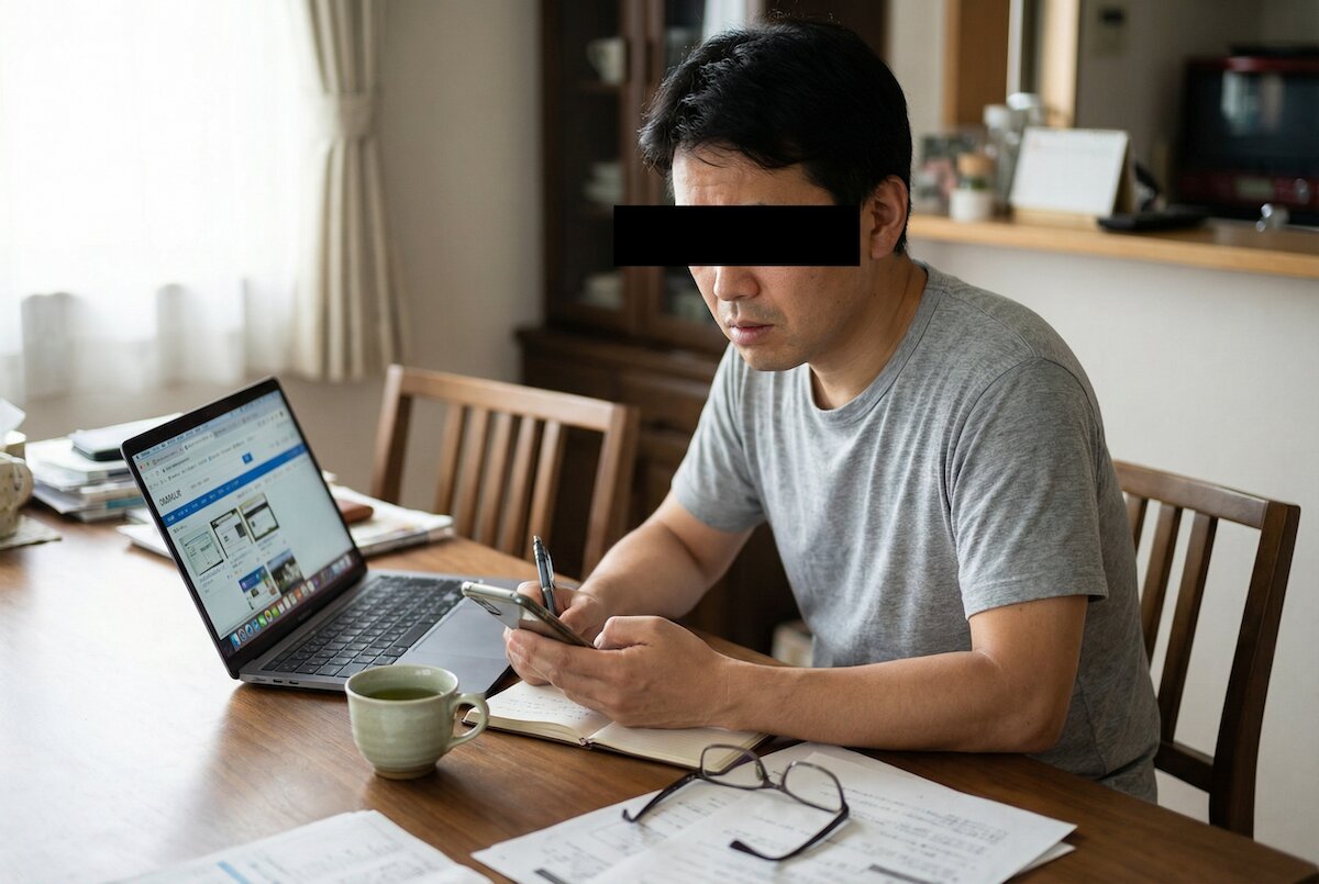 ノートパソコンで複数の買取サイトを比較しながらiPhoneを手に持ちメモを取る男性